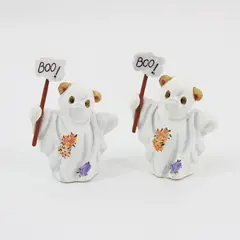 Enesco Marjorie Sarnat Halloween Bear Ghost Figurines Pair of 2 Boo Signs