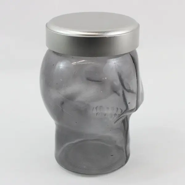 Gray Tinted Glass Skeleton Head Cookie Candy Jar Halloween Decor