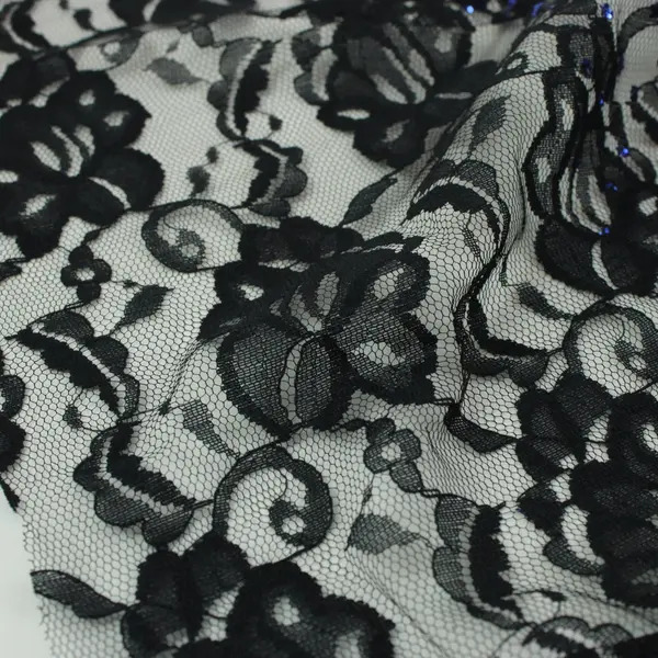 Black Sheer Lace Net Fabric Blue Sequin Embellishments 26x24 in