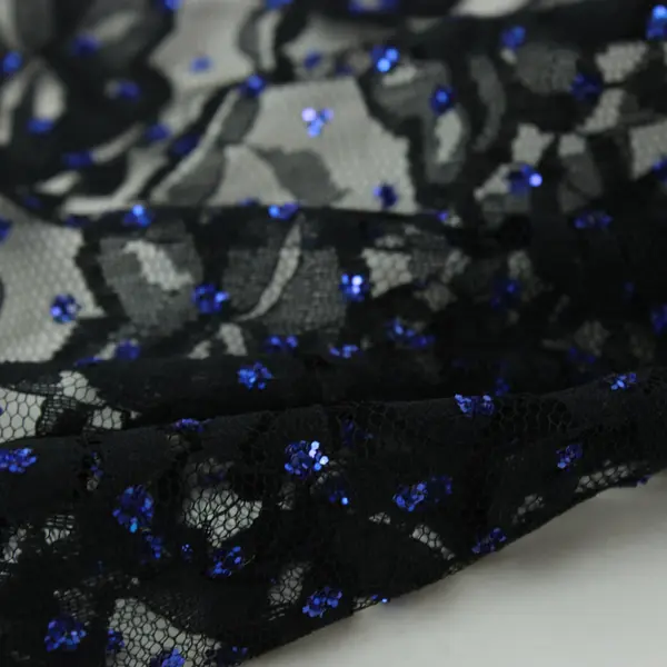 Black Sheer Lace Net Fabric Blue Sequin Embellishments 26x24 in