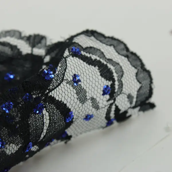 Black Sheer Lace Net Fabric Blue Sequin Embellishments 26x24 in