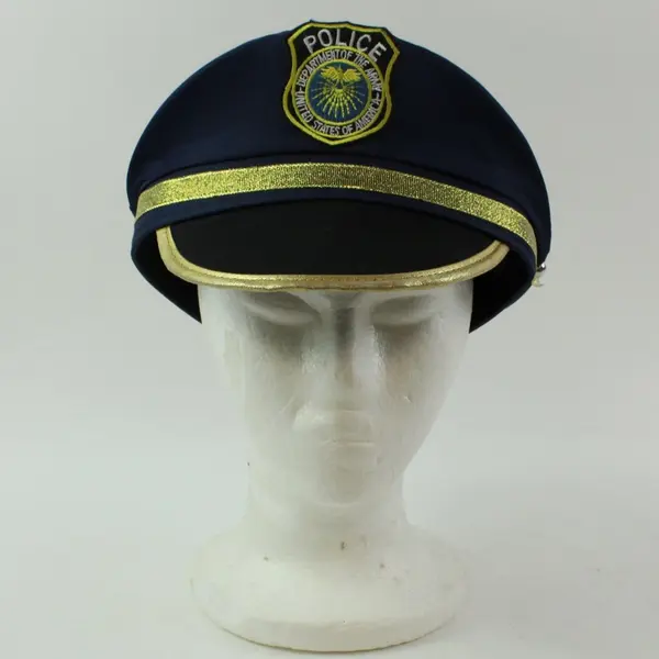 Kids Adjustable Police Officer Costume Hat Black Gold Trim Badge