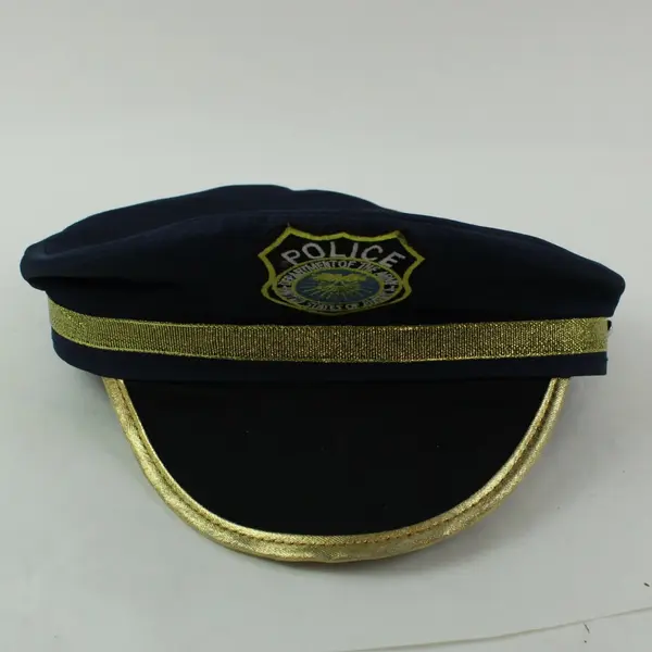 Kids Adjustable Police Officer Costume Hat Black Gold Trim Badge