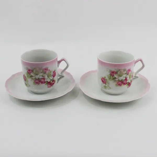 Set of 2 Pink And White Floral Ceramic Coffee Cups and Saucers W/Scalloped Rim