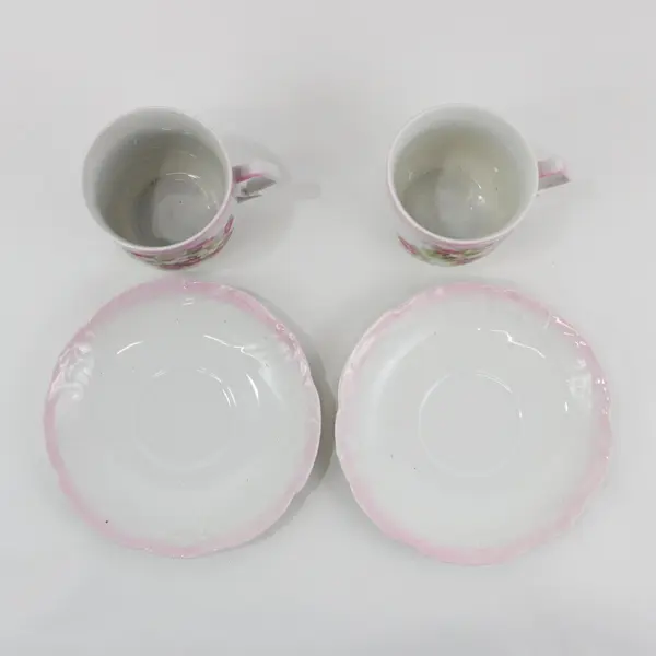 Set of 2 Pink And White Floral Ceramic Coffee Cups and Saucers W/Scalloped Rim