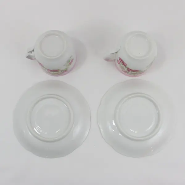 Set of 2 Pink And White Floral Ceramic Coffee Cups and Saucers W/Scalloped Rim