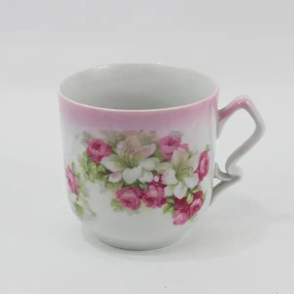 Set of 2 Pink And White Floral Ceramic Coffee Cups and Saucers W/Scalloped Rim