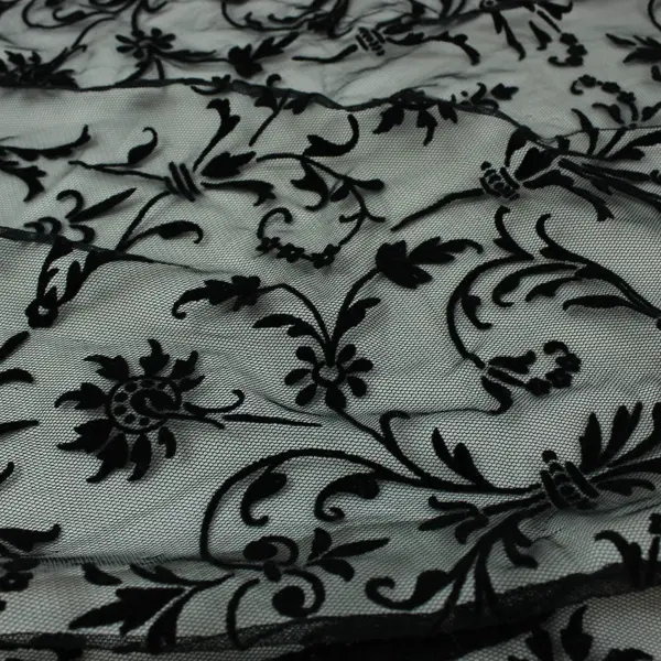 Black Floral Lace Mesh Fabric Semi-Sheer Sewing Craft Material