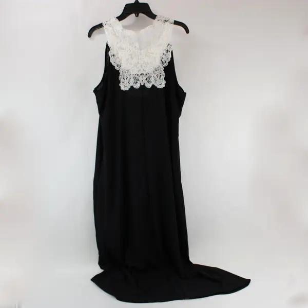 Women's Black Sheer Sleeveless Maxi Dress White Lace Neckline 3XL