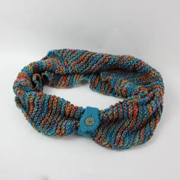Handmade Knitted Infinity Scarf Cowl Multicolor Blue Tan Peach Cream Button