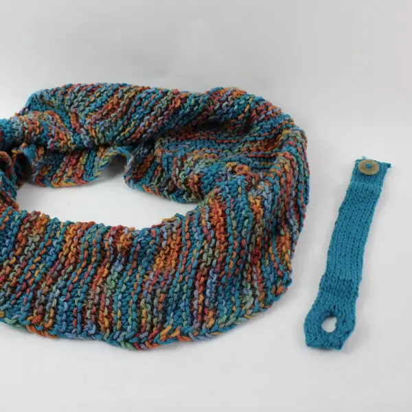 Handmade Knitted Infinity Scarf Cowl Multicolor Blue Tan Peach Cream Button