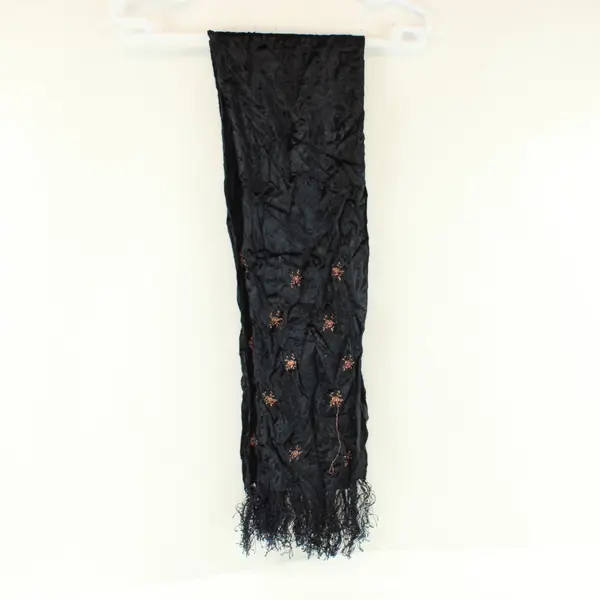 Women's Black Embroidered Fringed Shawl Scarf Metallic Embellished