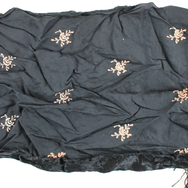 Women's Black Embroidered Fringed Shawl Scarf Metallic Embellished