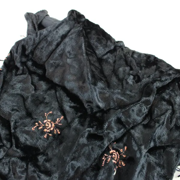 Women's Black Embroidered Fringed Shawl Scarf Metallic Embellished