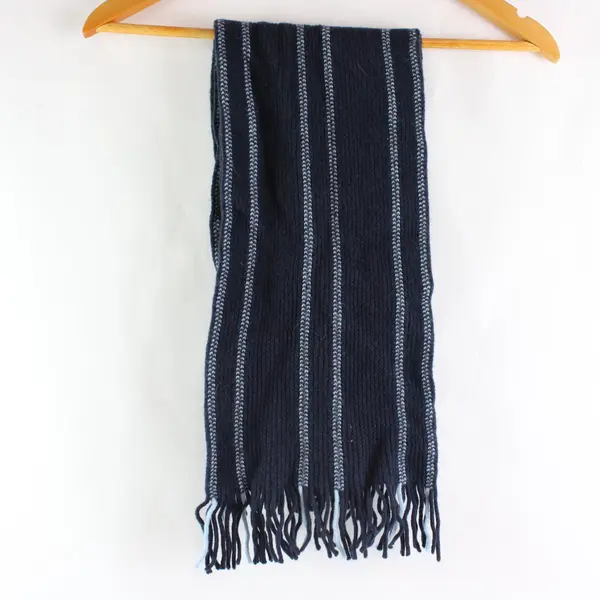 Unbranded Navy Gray Striped Knit Scarf with Fringe 45x8