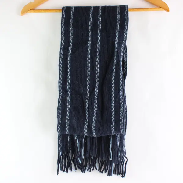 Unbranded Navy Gray Striped Knit Scarf with Fringe 45x8