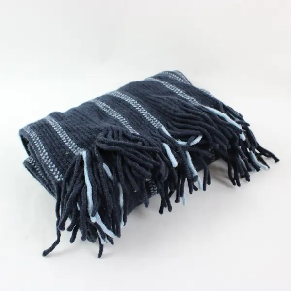 Unbranded Navy Gray Striped Knit Scarf with Fringe 45x8