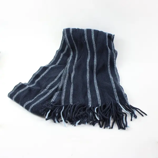 Unbranded Navy Gray Striped Knit Scarf with Fringe 45x8