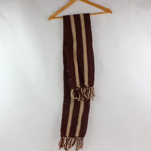 Handmade Crochet Scarf Brown Cream Striped Fringe Unbranded