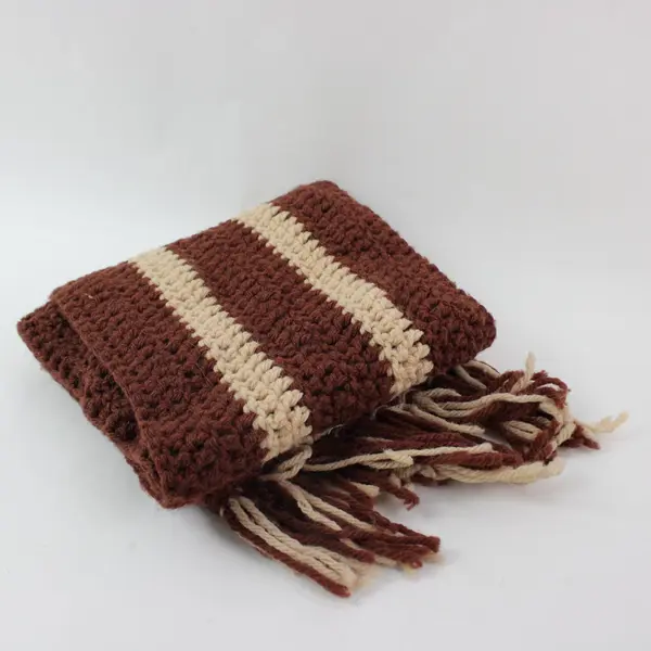 Handmade Crochet Scarf Brown Cream Striped Fringe Unbranded