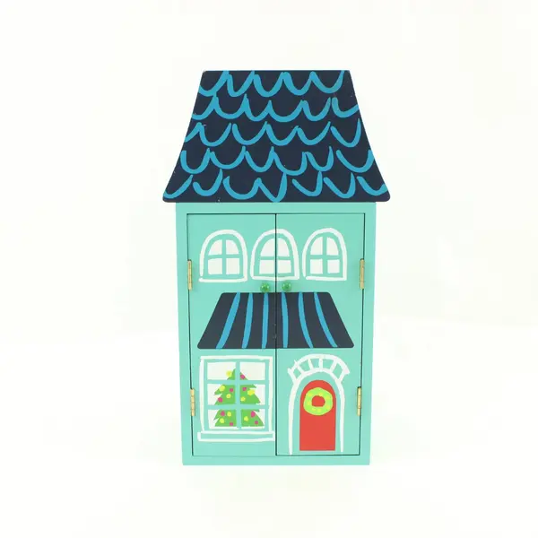 Christmas Village House Wooden Teal Blue Holiday Decor