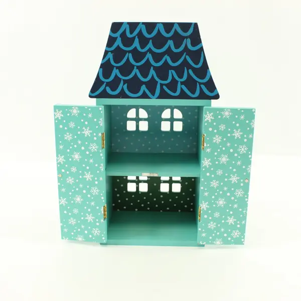 Christmas Village House Wooden Teal Blue Holiday Decor
