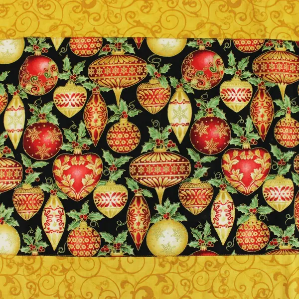 Christmas Ornament Print Table Runner Red Black Gold Green Cream 40x13