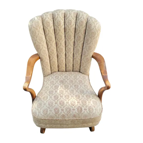 Vintage Fan Back Armchair Floral Upholstery Wood Arms Curved Legs - Local Pickup