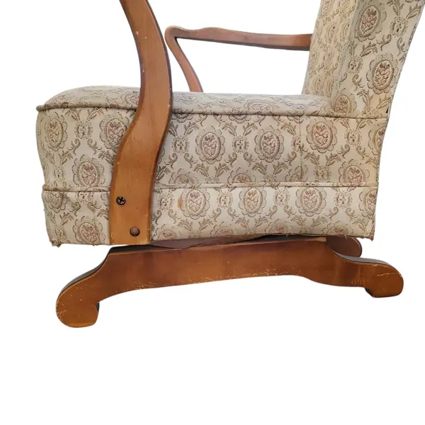 Vintage Fan Back Armchair Floral Upholstery Wood Arms Curved Legs - Local Pickup
