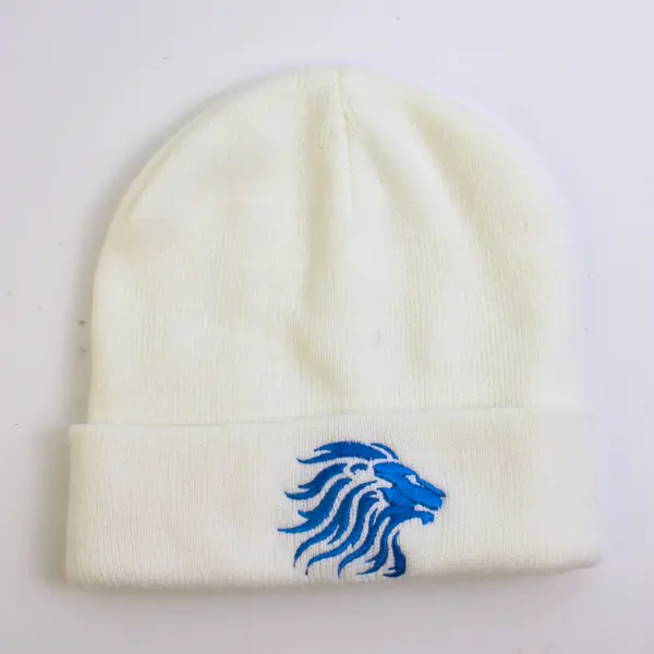 Unisex Pacific White Knit Hat With Embroidered Blue Lion Accent One Size