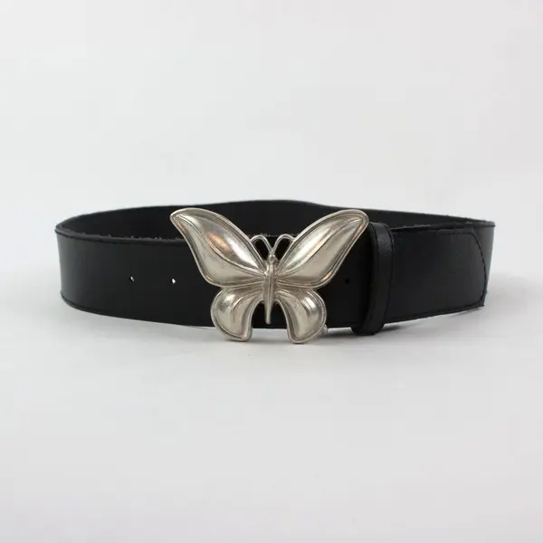 Women's Black Faux Leather Belt Silver-Tone Butterfly Buckle 26-30"