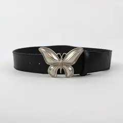 Women's Black Faux Leather Belt Silver-Tone Butterfly Buckle 26-30"