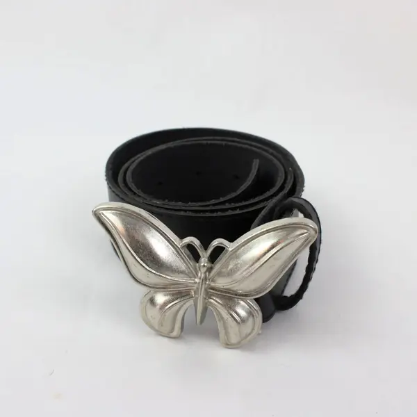 Women's Black Faux Leather Belt Silver-Tone Butterfly Buckle 26-30"