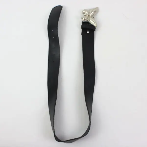 Women's Black Faux Leather Belt Silver-Tone Butterfly Buckle 26-30"