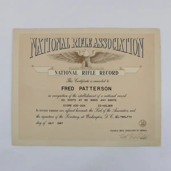 1947 NRA National Rifle Record Fred Patterson Certificate & Correspondence Lot