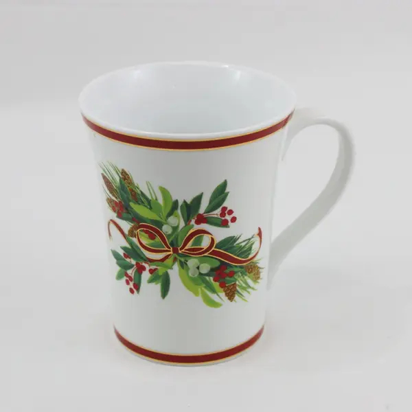 VTG 2004 Harry & David Holiday Christmas Mug Red Gold Trim Holly Leaves 16 oz