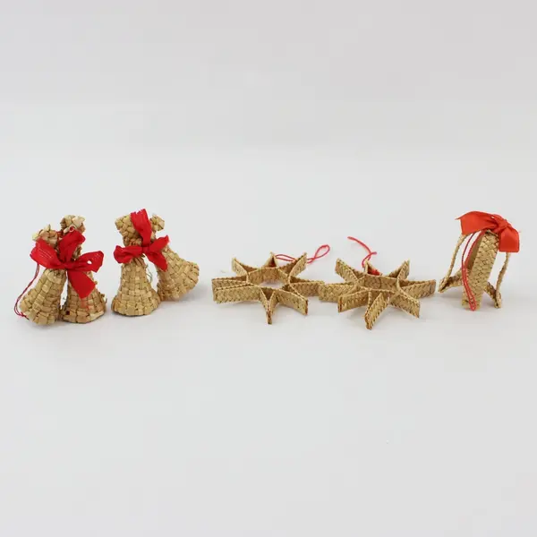 Lot of 5 Scandinavian Straw Christmas Ornaments Bells Stars Gold Red