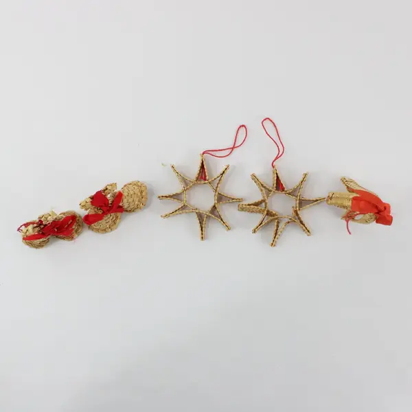 Lot of 5 Scandinavian Straw Christmas Ornaments Bells Stars Gold Red