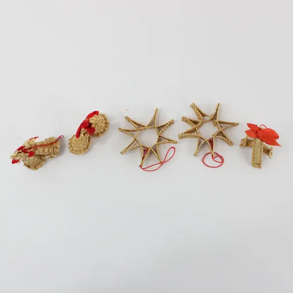 Lot of 5 Scandinavian Straw Christmas Ornaments Bells Stars Gold Red