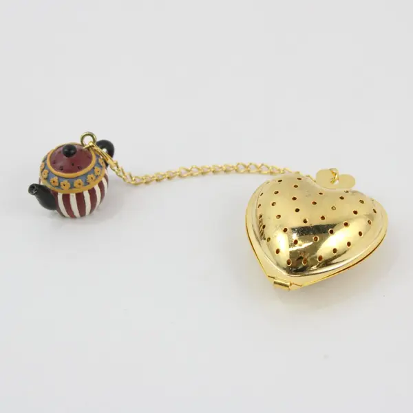 Gold Tone Heart Tea Bag Steeper with Teapot Charm