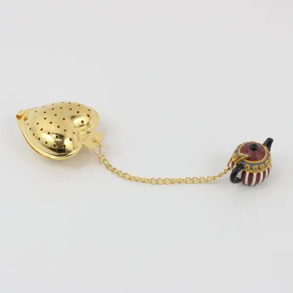 Gold Tone Heart Tea Bag Steeper with Teapot Charm