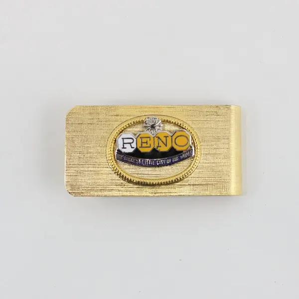 Reno Souvenir Money Clip Gold Tone Raised Emblem Blue Gold