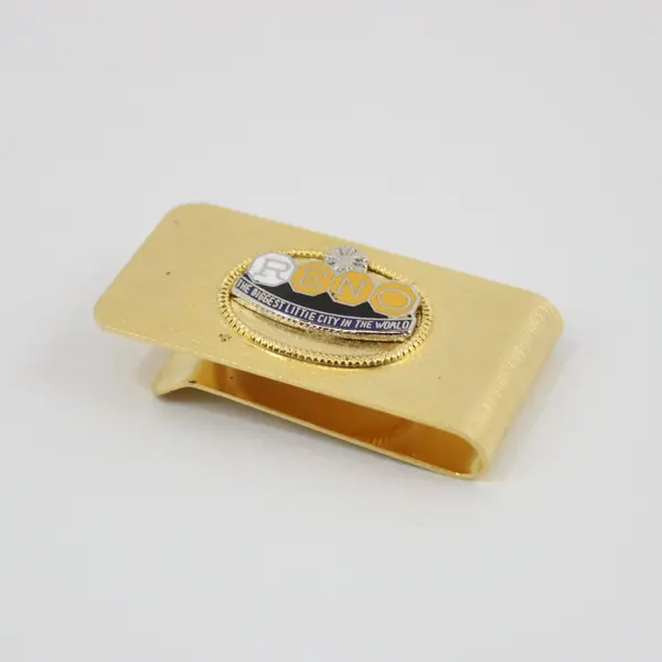 Reno Souvenir Money Clip Gold Tone Raised Emblem Blue Gold