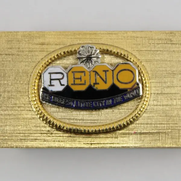 Reno Souvenir Money Clip Gold Tone Raised Emblem Blue Gold