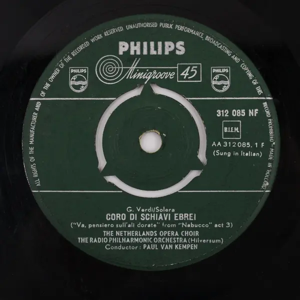 Philips Minigroove 45  7" Verdi Nabucco Opera Va Pensiero Vinyl Record