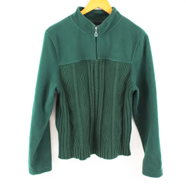 Basic Editions Women's Large Dark Green Cable Knit Fleece 1/4-Zip Pullover