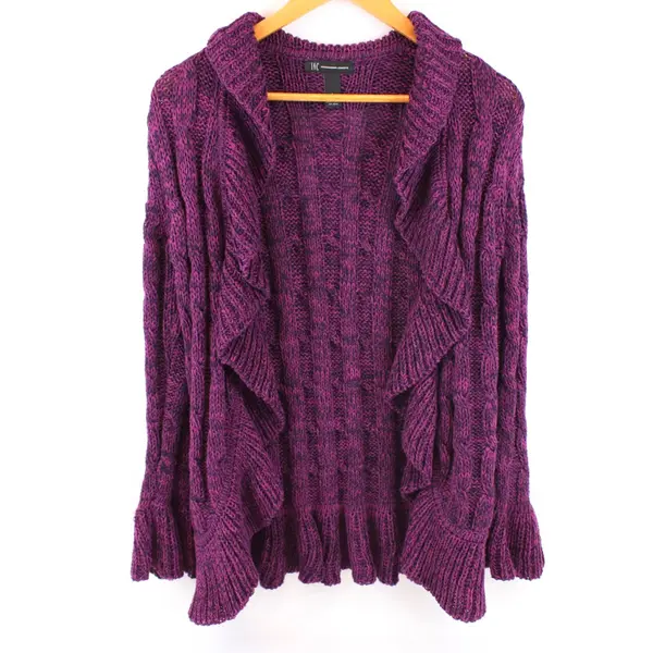 INC International Concepts Women's Large Navy Purple Ruffle Knit Cardigan