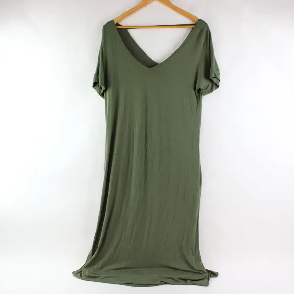 Women's Large Army Green V-Neck Short Sleeve Maxi T-Shirt Dress