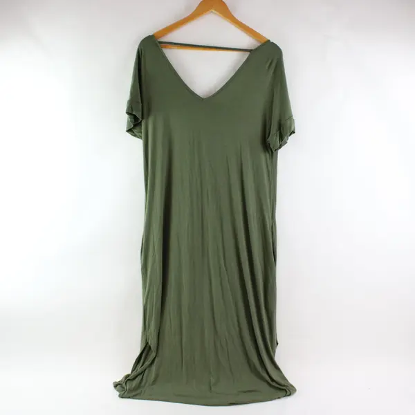 Women's Large Army Green V-Neck Short Sleeve Maxi T-Shirt Dress