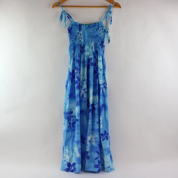 Two Palms Women's Blue Tropical Floral Smocked Midi Dress One Size